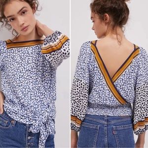 Anthropologie Maeve square neck deep v surplice back tie waist blouse - medium